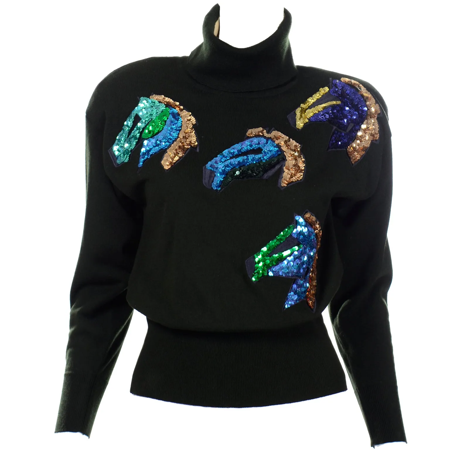 1980s Escada Margaretha Ley Colorful Sequin Horse Sweater