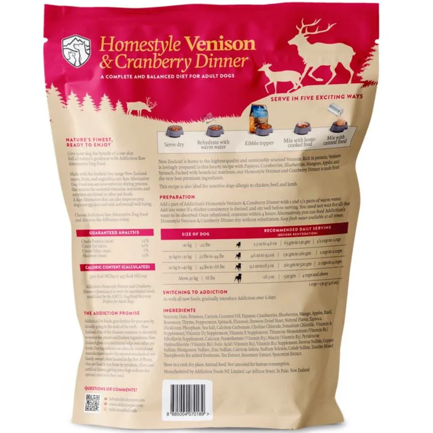 20% OFF: Addiction Homestyle Venison & Cranberry Dinner Raw Alternative Dog Food 2lb