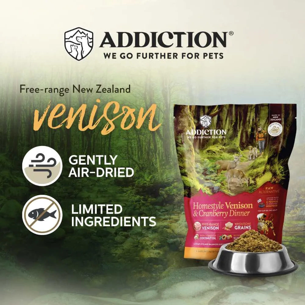 20% OFF: Addiction Homestyle Venison & Cranberry Dinner Raw Alternative Dog Food 2lb