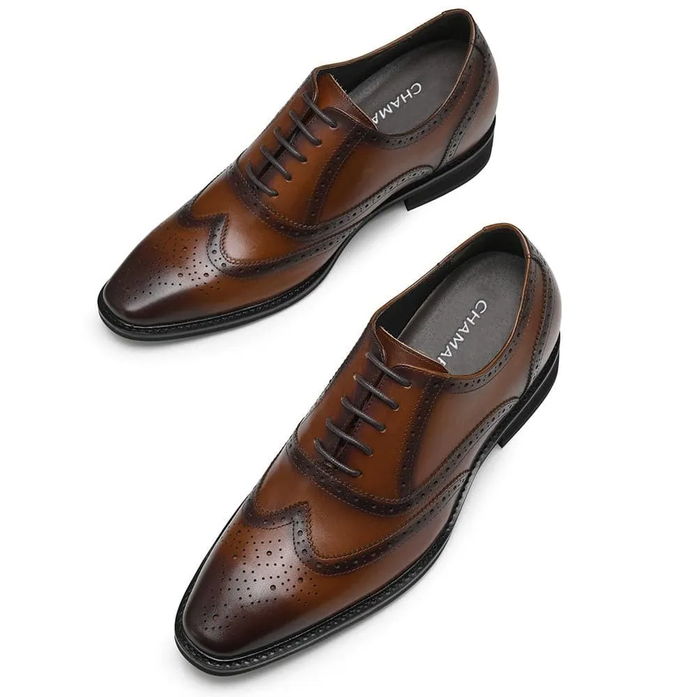 8CM / 3.15 Inches - CMR CHAMARIPA Dress Elevator Shoes For Men Height Shoes Premium Leather Oxford Brogues In Brown