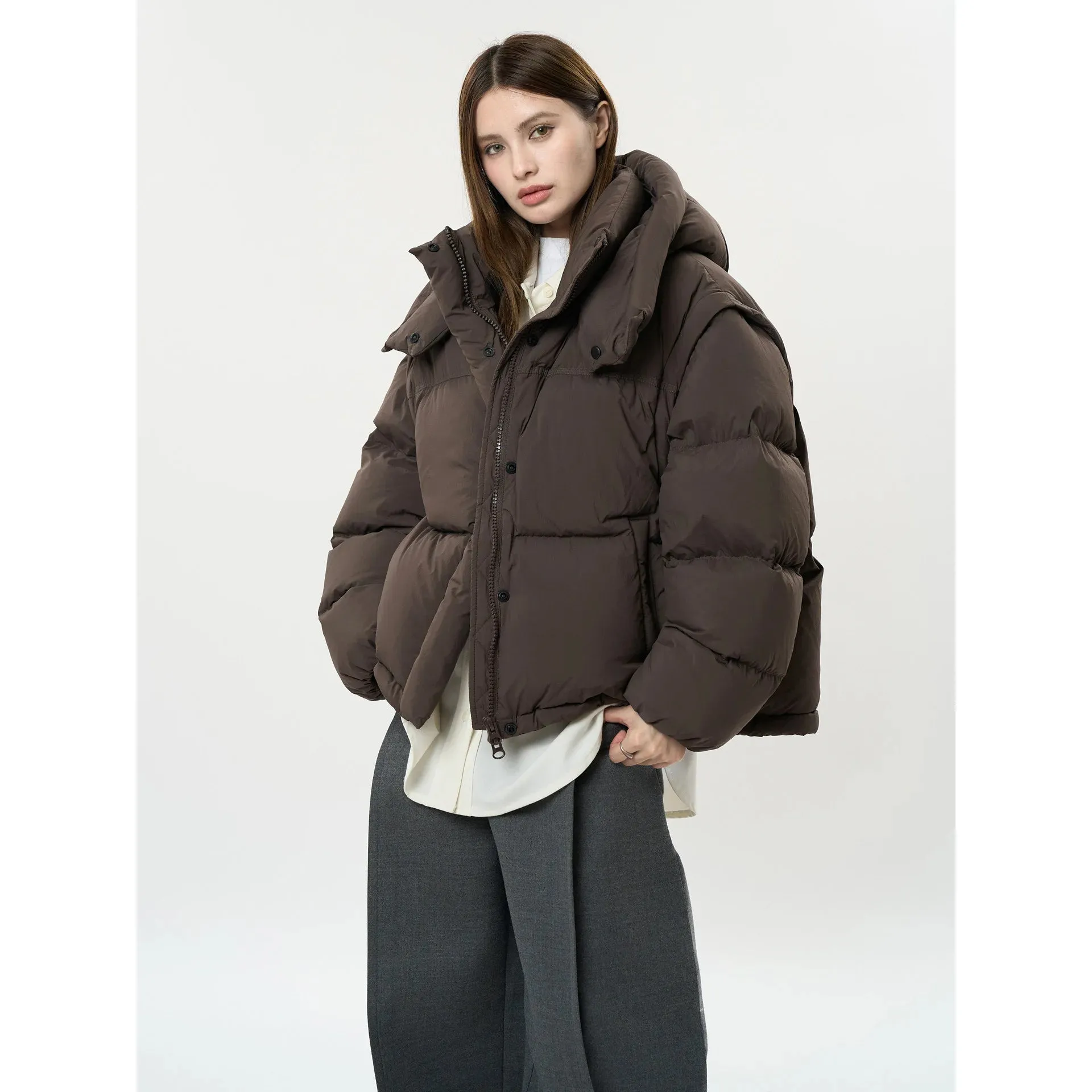 Amozae-Autumn Casual Outfits Amozae-Winter Detachable Sleeve Two Wear Down Jacket Hooded Loose Thick Coat For Women