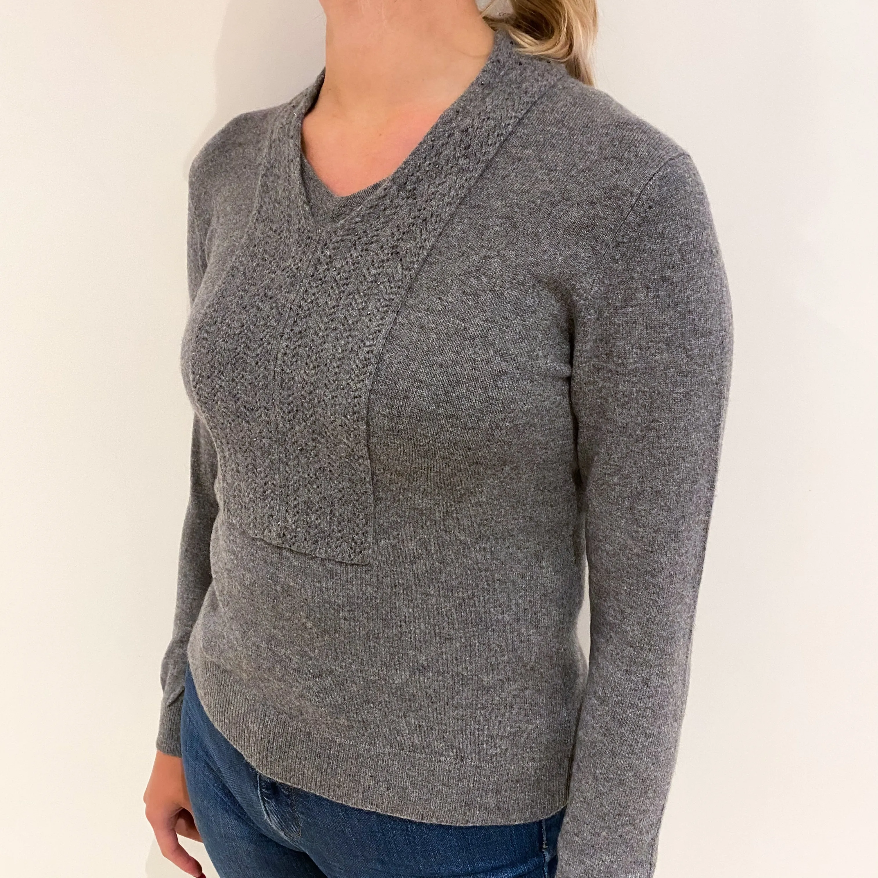 Ash Grey Textured Embellished Cashmere V Neck Jumper Small