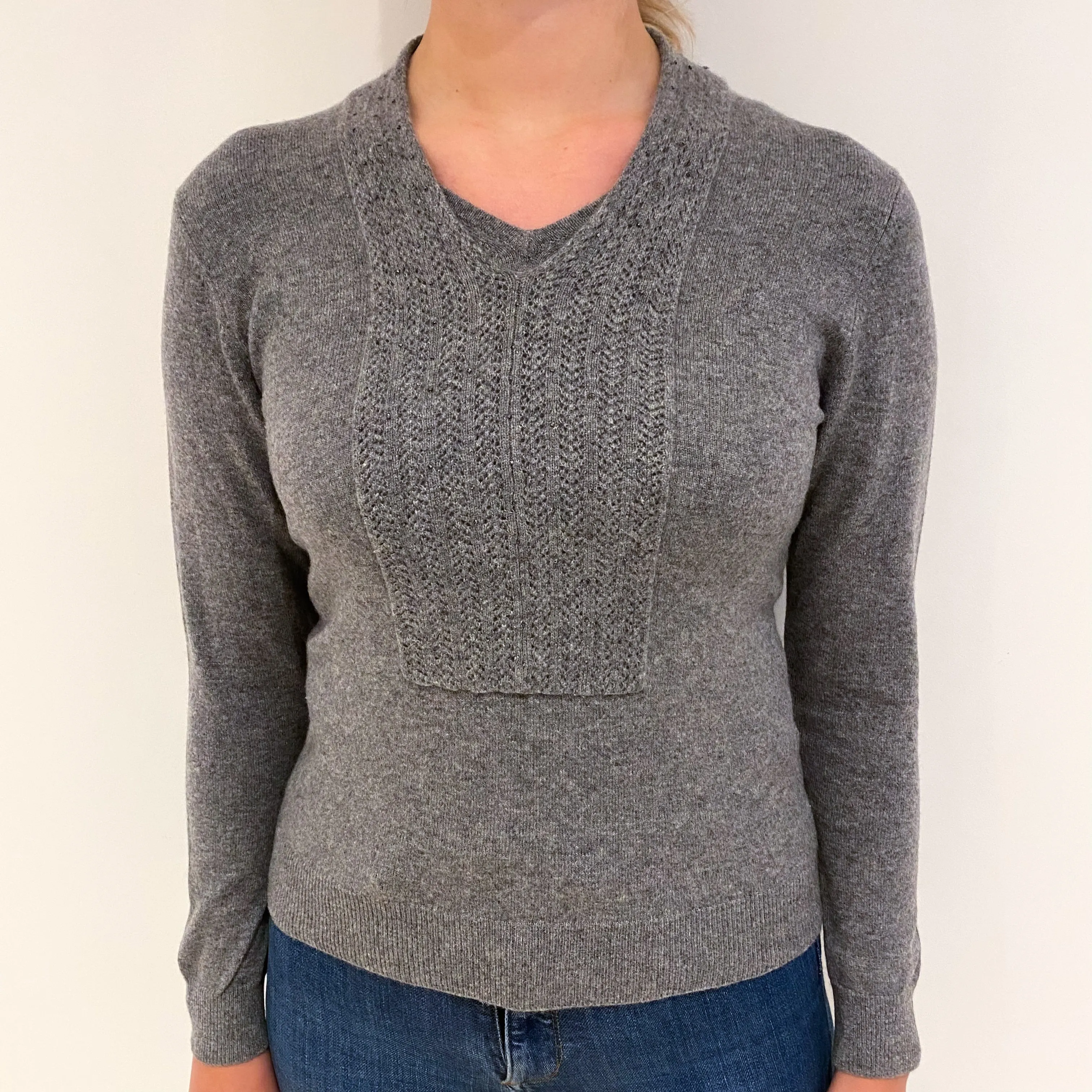 Ash Grey Textured Embellished Cashmere V Neck Jumper Small