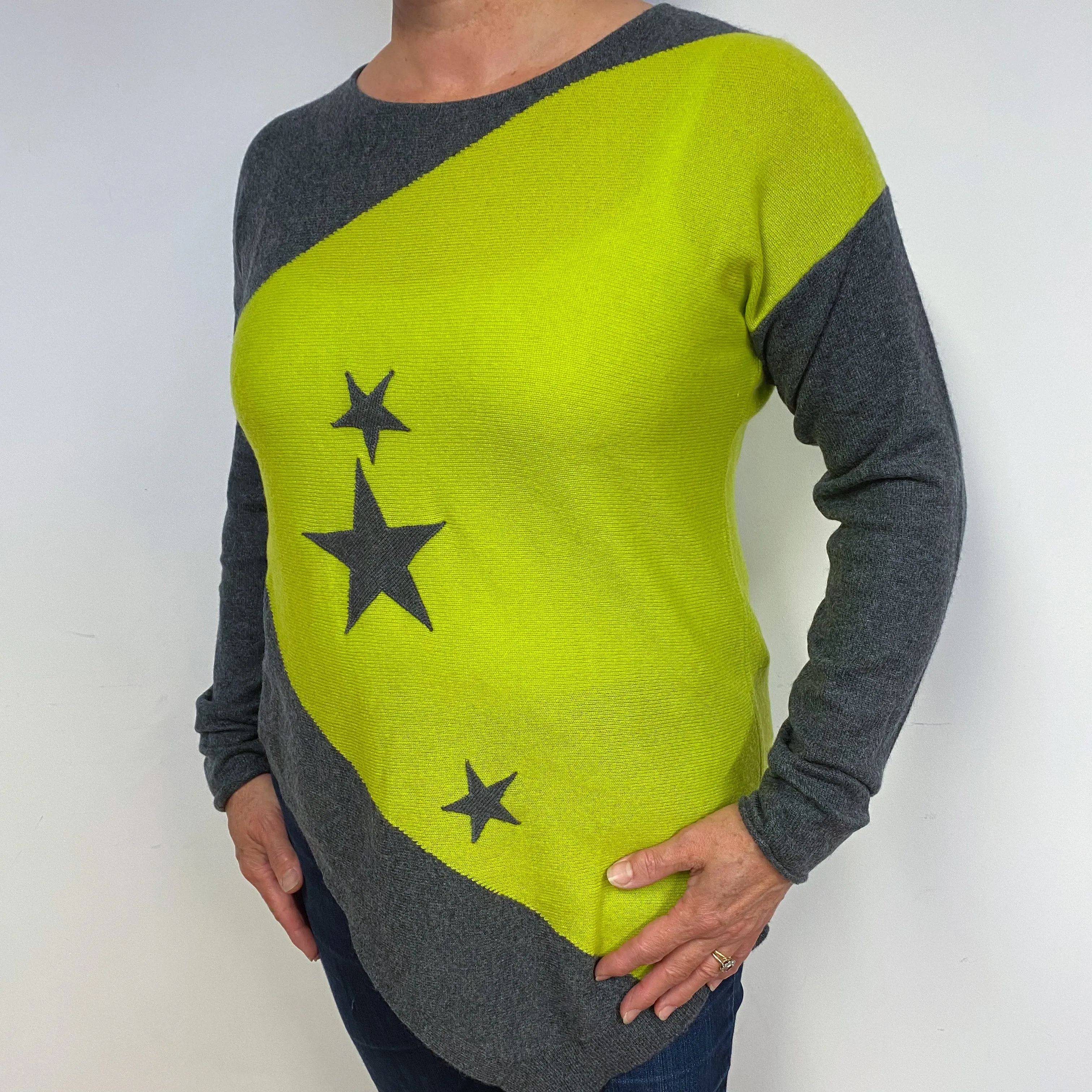 Asymmetric Lime Green and Grey Cashmere Crew Neck Jumper