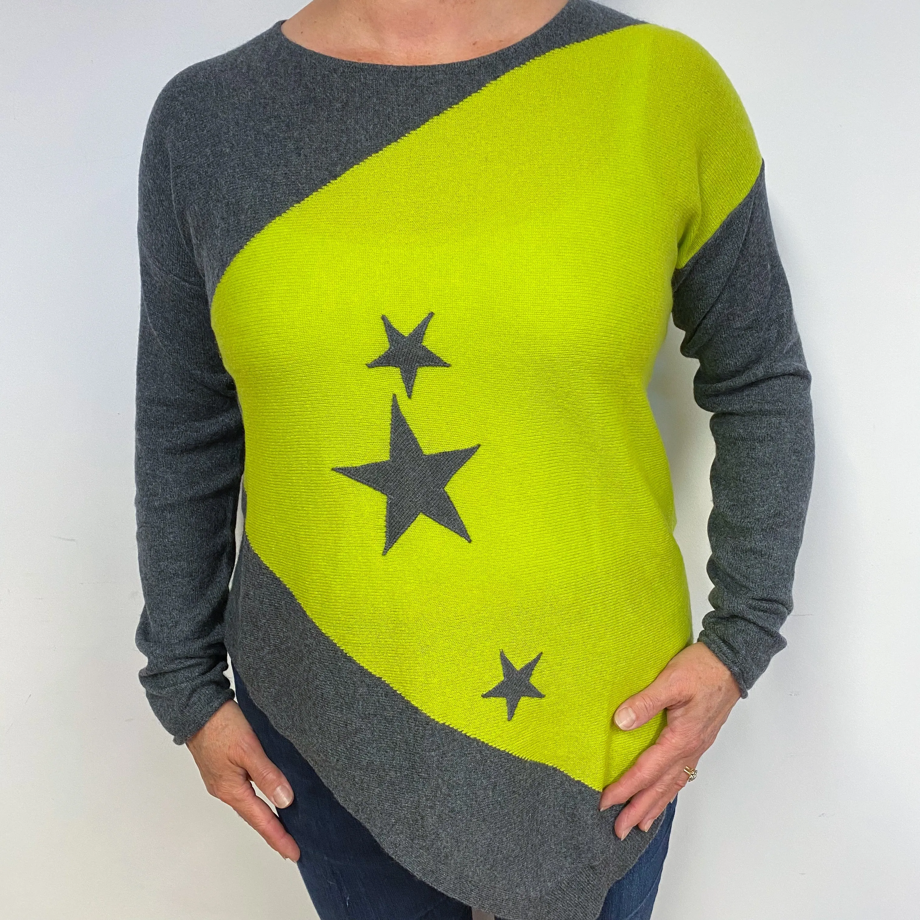 Asymmetric Lime Green and Grey Cashmere Crew Neck Jumper