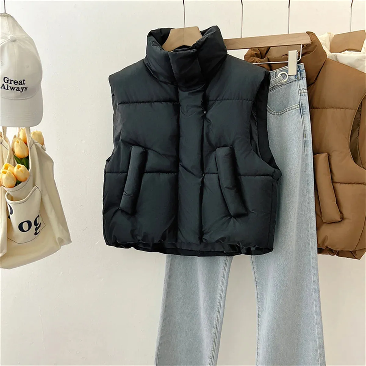 Autumn Winter Y2K Vest Women Thick Warm Down Vest Harajuku Loose Jacket Casual Outerwear Short Waistcoat Windproof Vest Coats