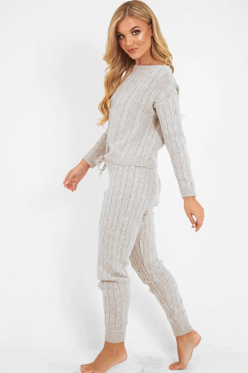 Beige Cable Knit Jumper Jogger Co-Ord - Gabbi