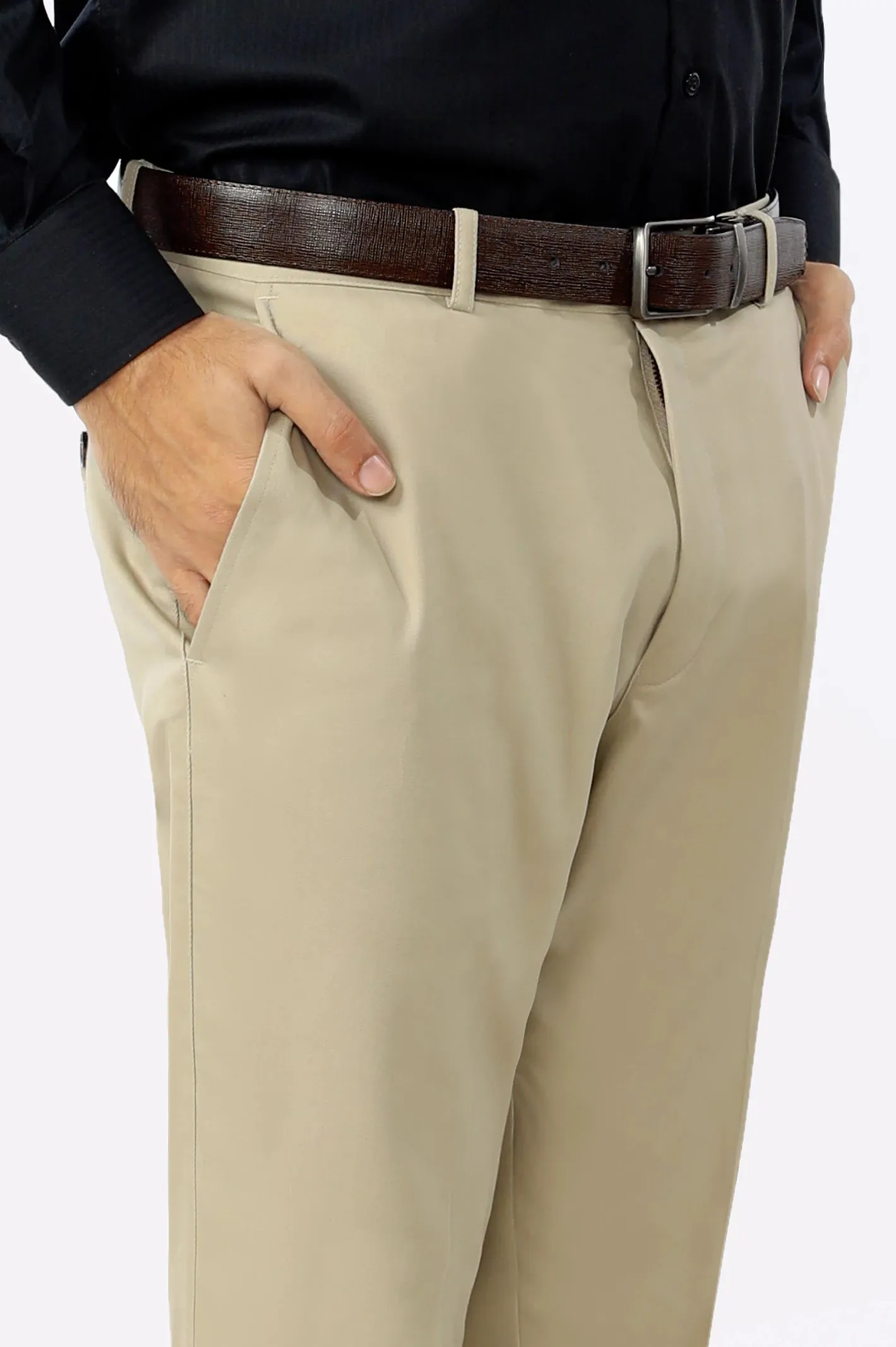 Beige Cotton Regular Fit Trouser