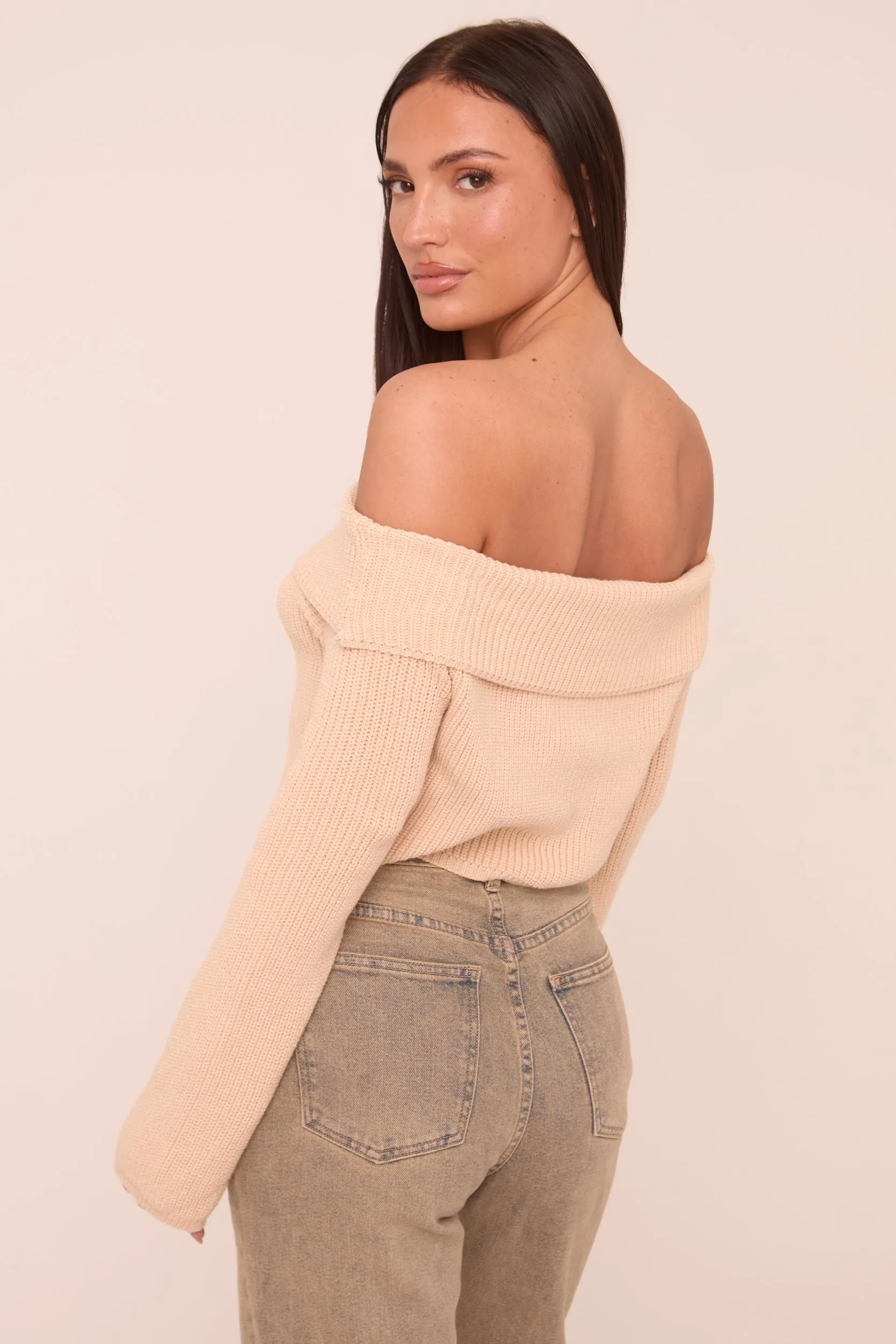 Beige Knit Bardot Long sleeves Cropped Jumper Top - Roberta