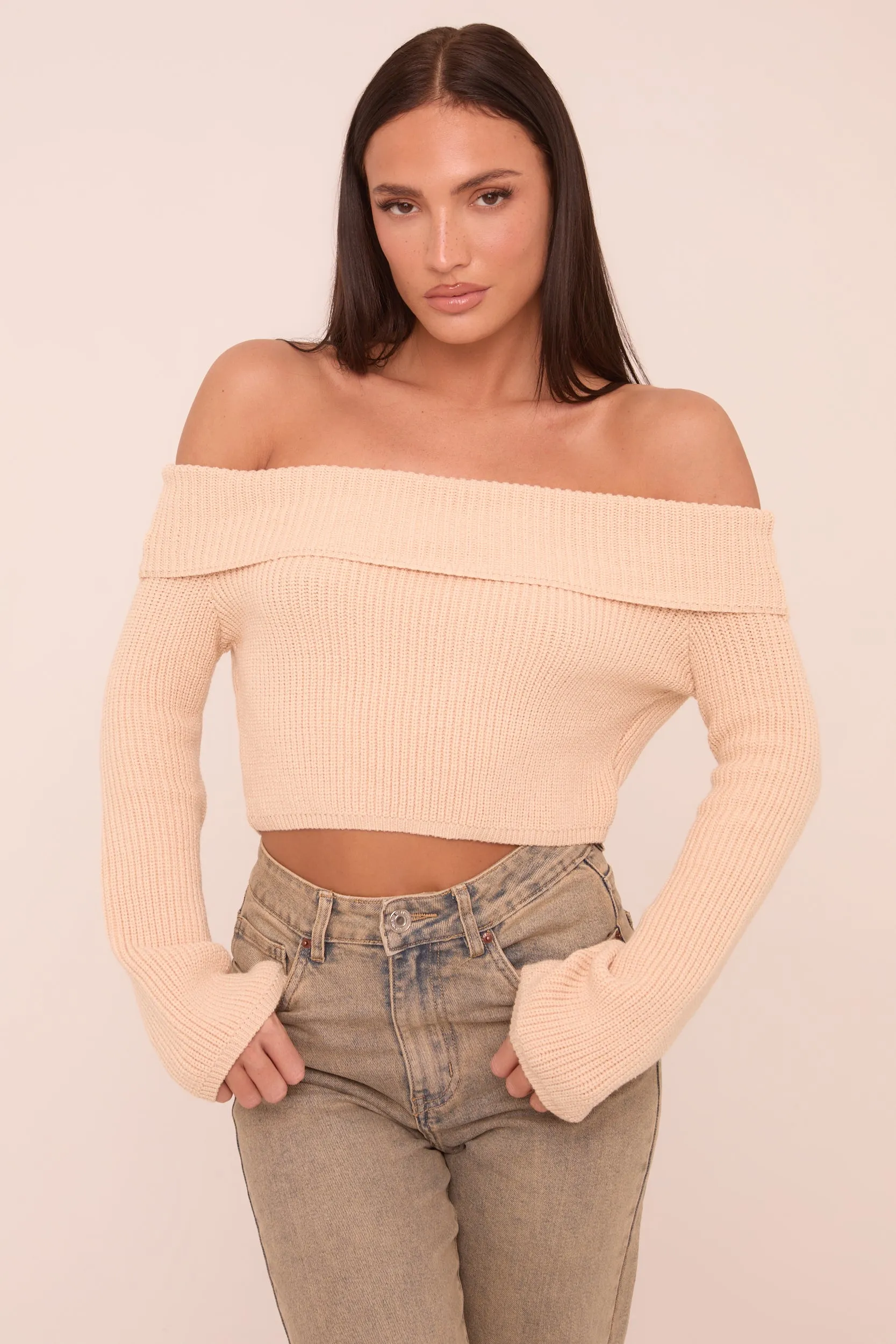 Beige Knit Bardot Long sleeves Cropped Jumper Top - Roberta