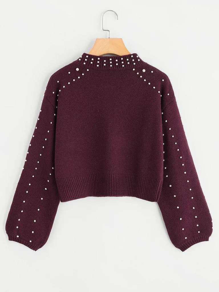 Bishop Sleeve Pearl Beading Crop Sweater