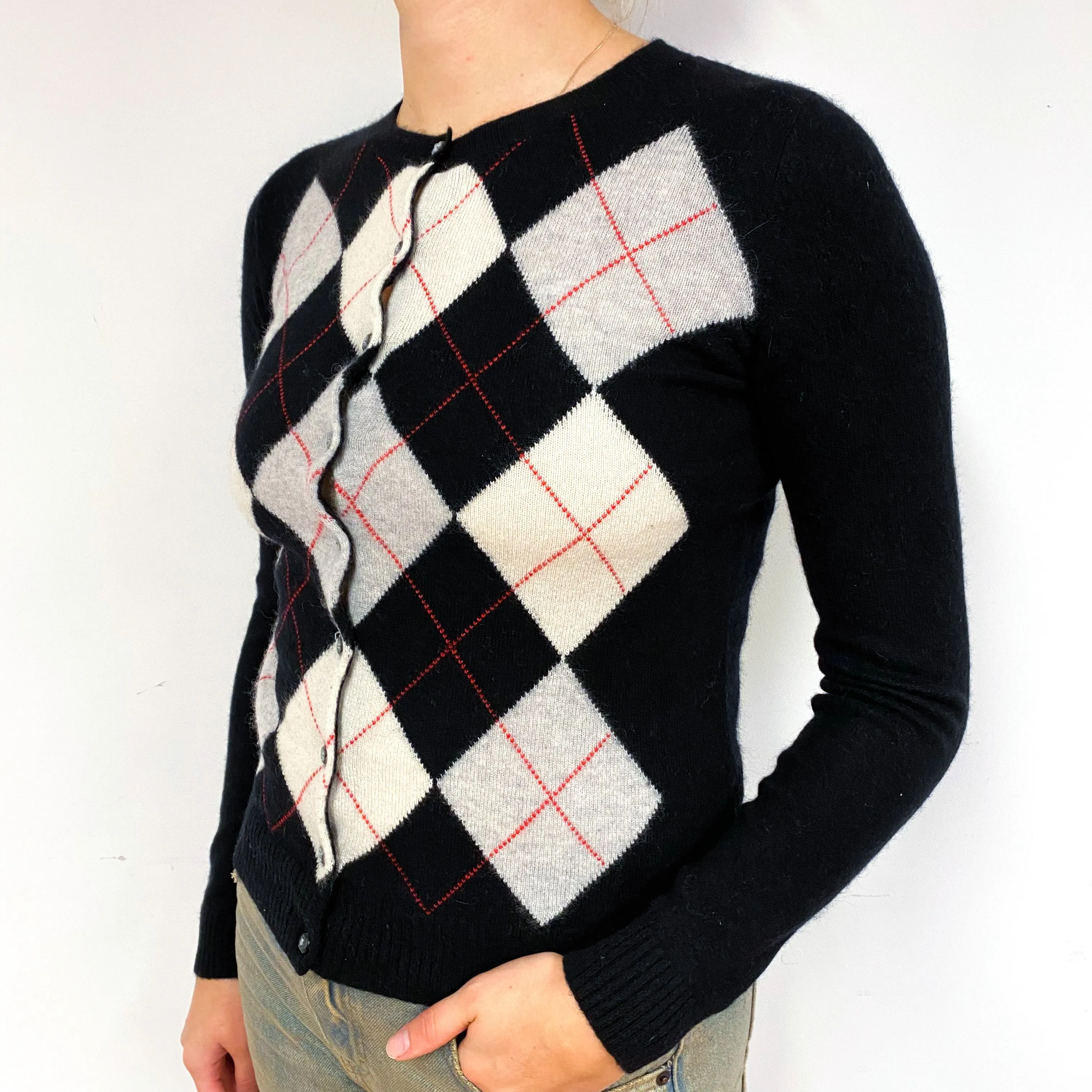 Black Grey Argyle Cashmere Crew Neck Cardigan Small