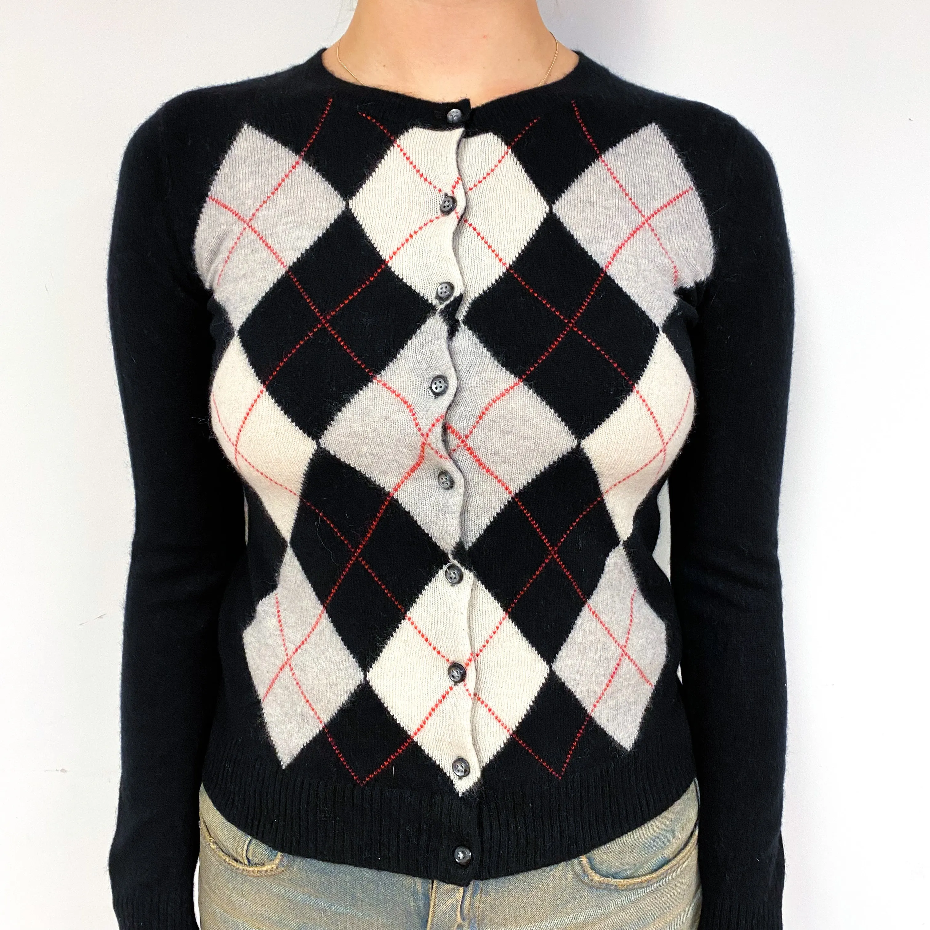 Black Grey Argyle Cashmere Crew Neck Cardigan Small