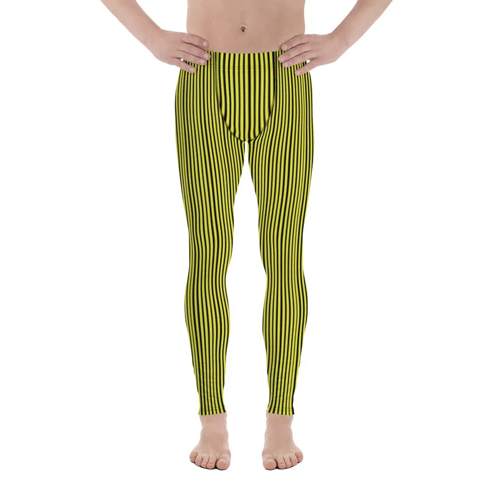 Black Yellow Men's Leggings, Vertically Striped Circus Meggings Tights-Made in USA/EU/MX