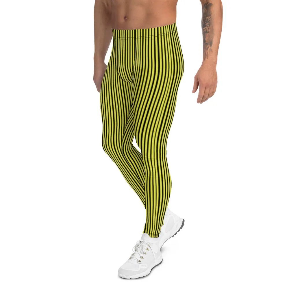 Black Yellow Men's Leggings, Vertically Striped Circus Meggings Tights-Made in USA/EU/MX