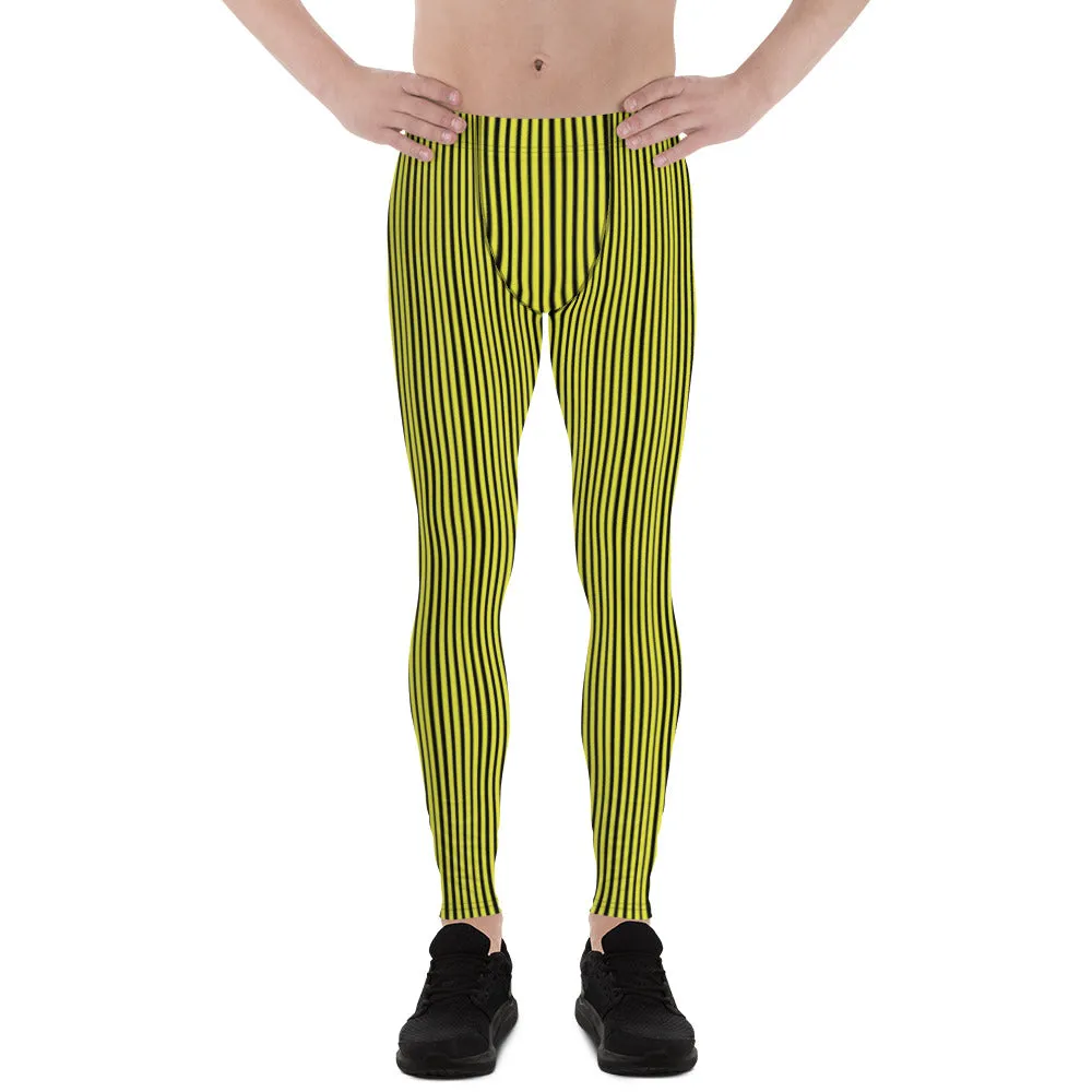 Black Yellow Men's Leggings, Vertically Striped Circus Meggings Tights-Made in USA/EU/MX