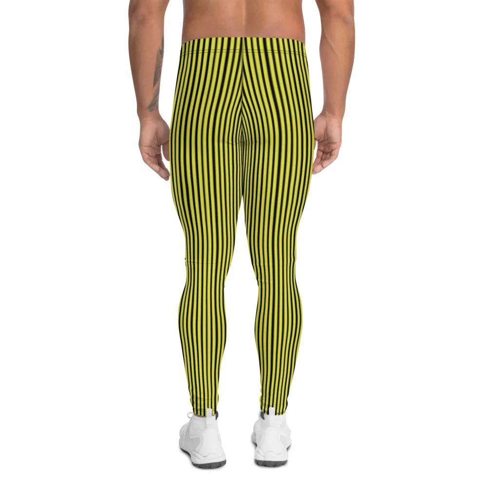 Black Yellow Men's Leggings, Vertically Striped Circus Meggings Tights-Made in USA/EU/MX