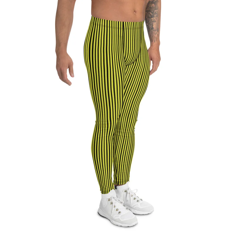 Black Yellow Men's Leggings, Vertically Striped Circus Meggings Tights-Made in USA/EU/MX