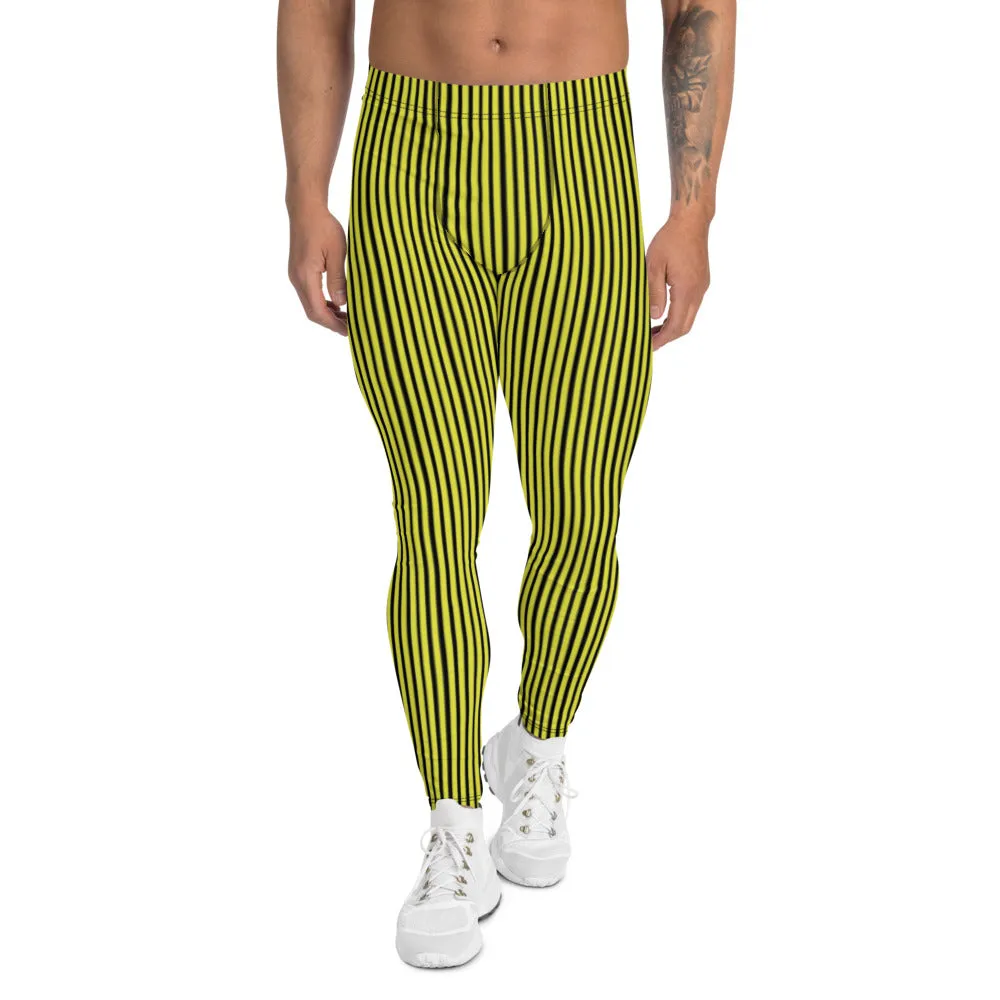 Black Yellow Men's Leggings, Vertically Striped Circus Meggings Tights-Made in USA/EU/MX