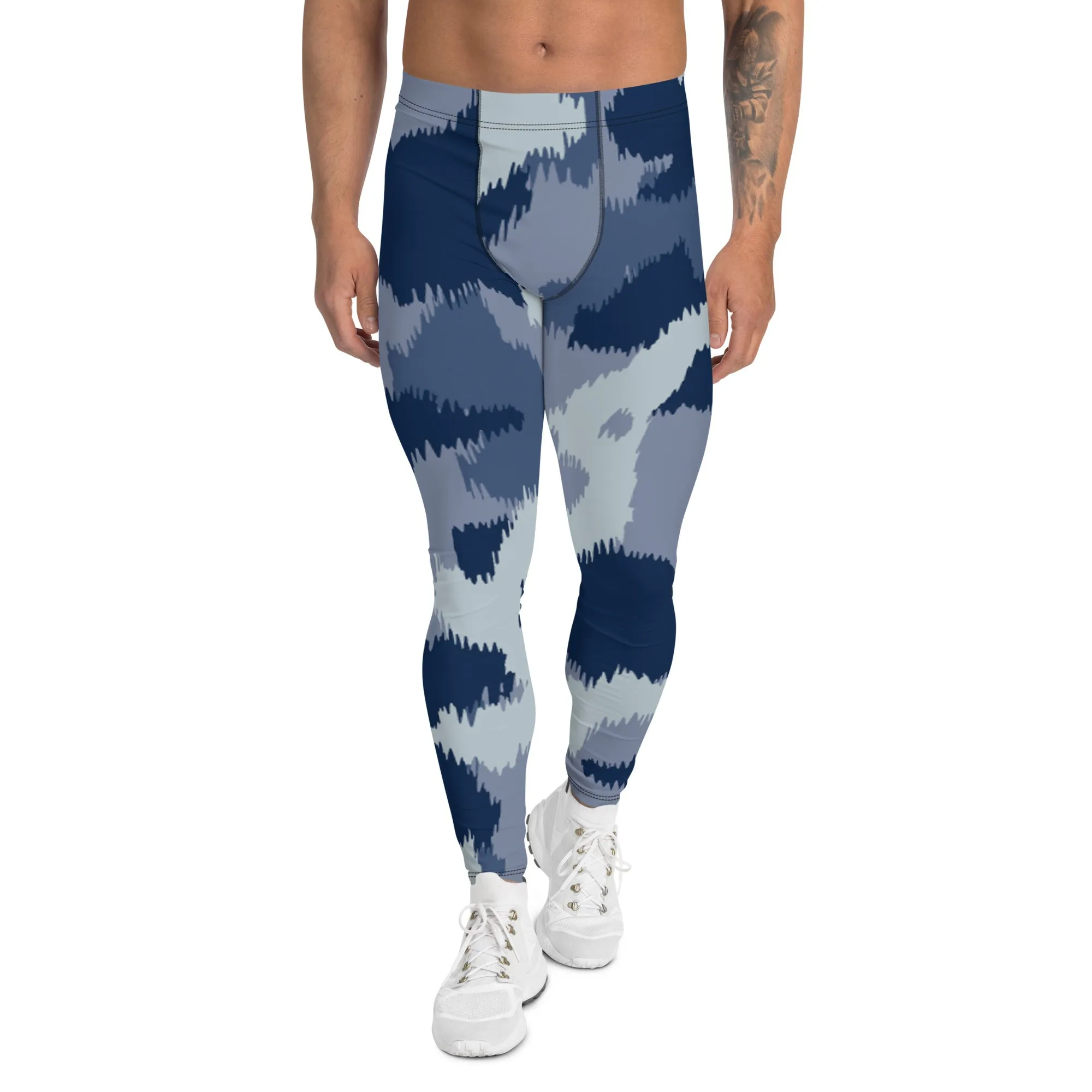 Blue Abstract Printed Men's Leggings, Designer Compression Tights For Men - Made in USA/EU/MX