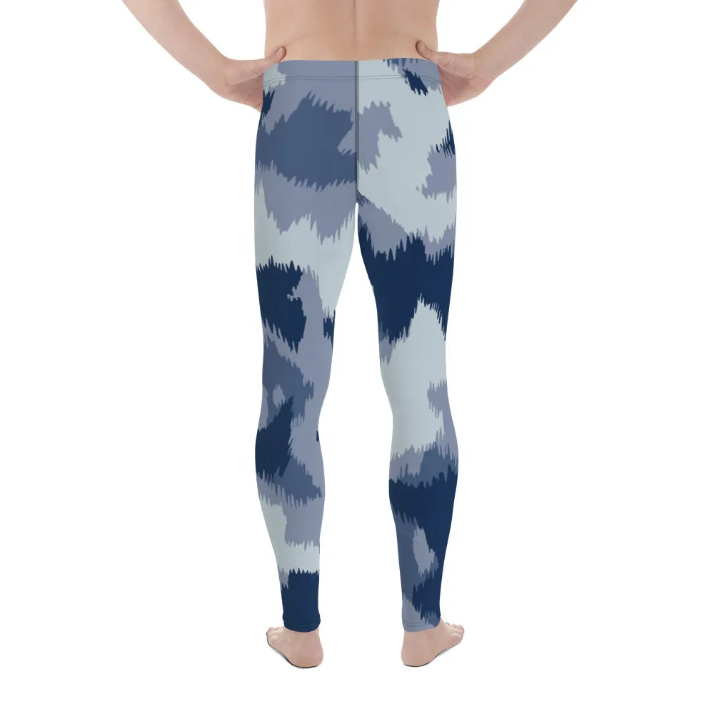 Blue Abstract Printed Men's Leggings, Designer Compression Tights For Men - Made in USA/EU/MX