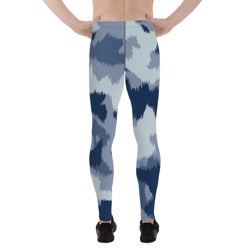 Blue Abstract Printed Men's Leggings, Designer Compression Tights For Men - Made in USA/EU/MX