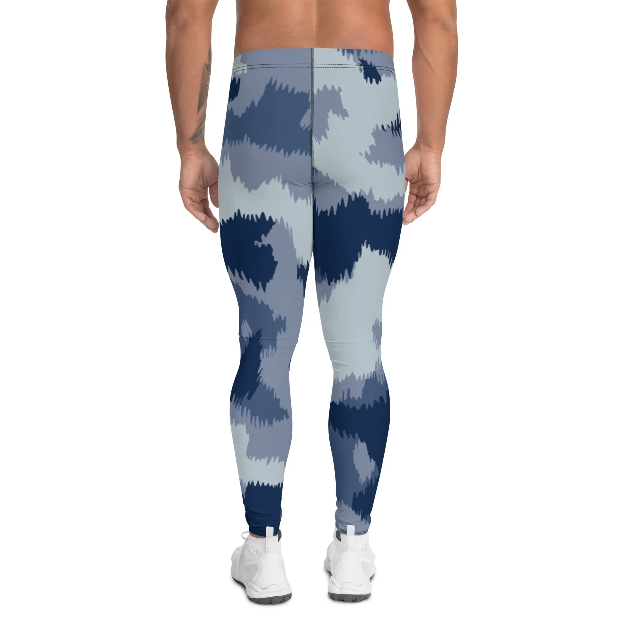 Blue Abstract Printed Men's Leggings, Designer Compression Tights For Men - Made in USA/EU/MX