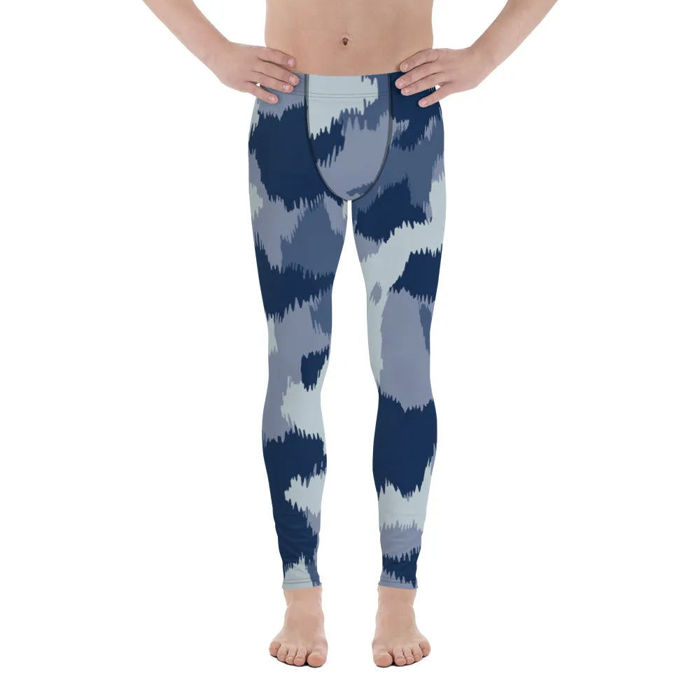 Blue Abstract Printed Men's Leggings, Designer Compression Tights For Men - Made in USA/EU/MX