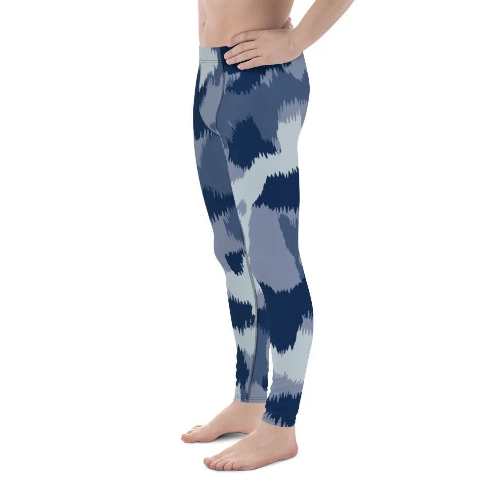 Blue Abstract Printed Men's Leggings, Designer Compression Tights For Men - Made in USA/EU/MX