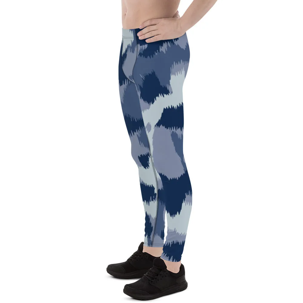 Blue Abstract Printed Men's Leggings, Designer Compression Tights For Men - Made in USA/EU/MX