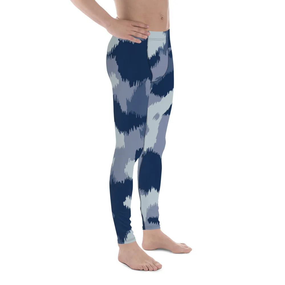 Blue Abstract Printed Men's Leggings, Designer Compression Tights For Men - Made in USA/EU/MX