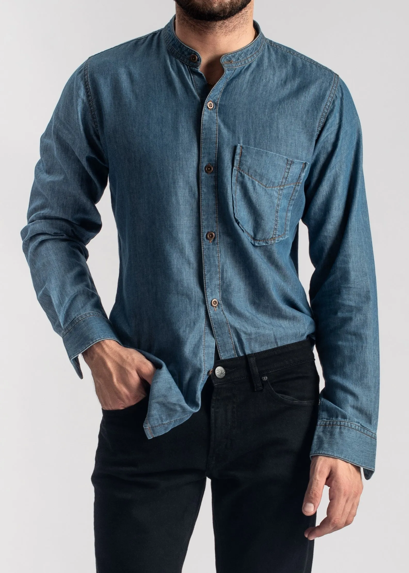 Blue Denim Shirt-Kurta Collar