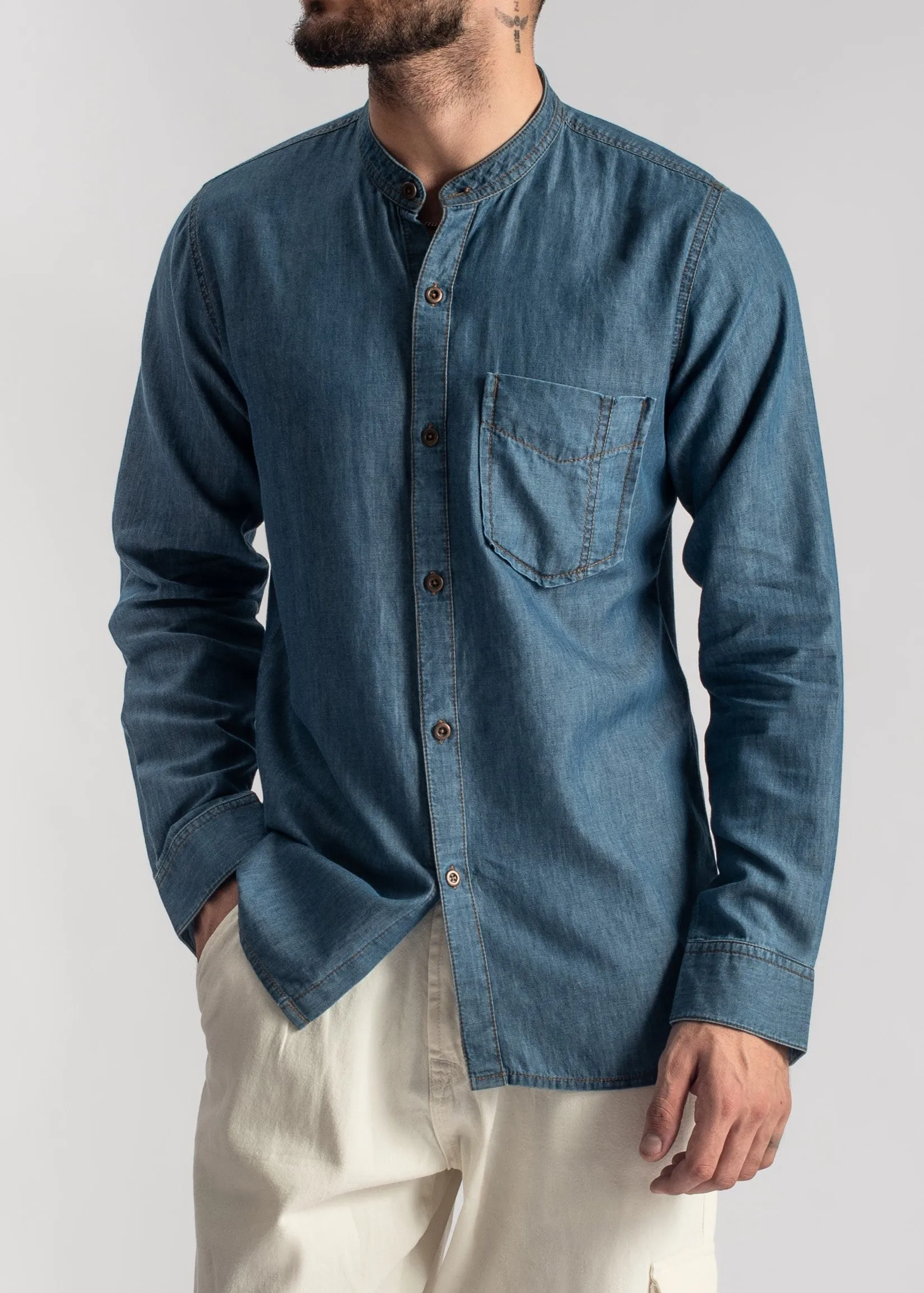 Blue Denim Shirt-Kurta Collar