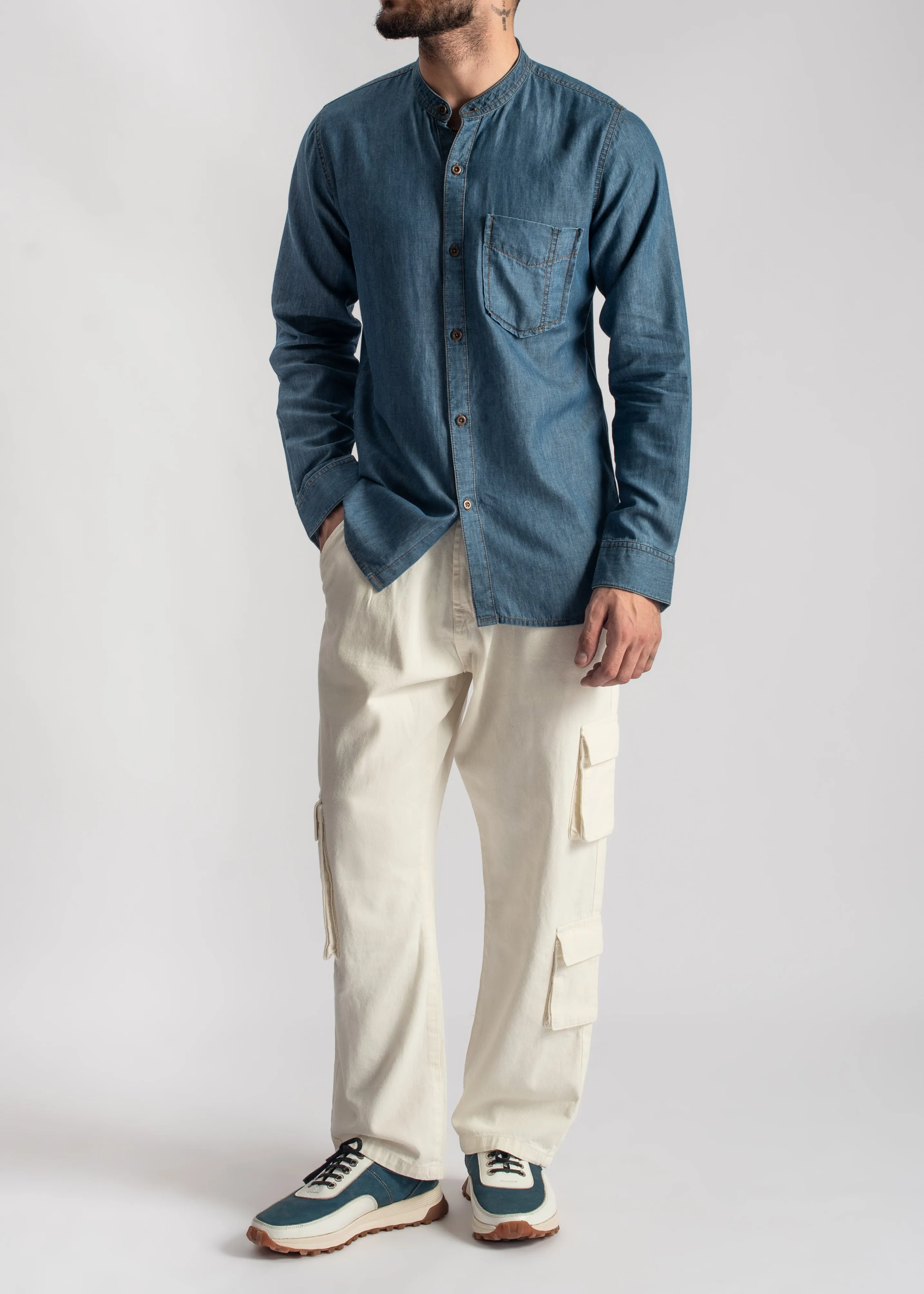 Blue Denim Shirt-Kurta Collar