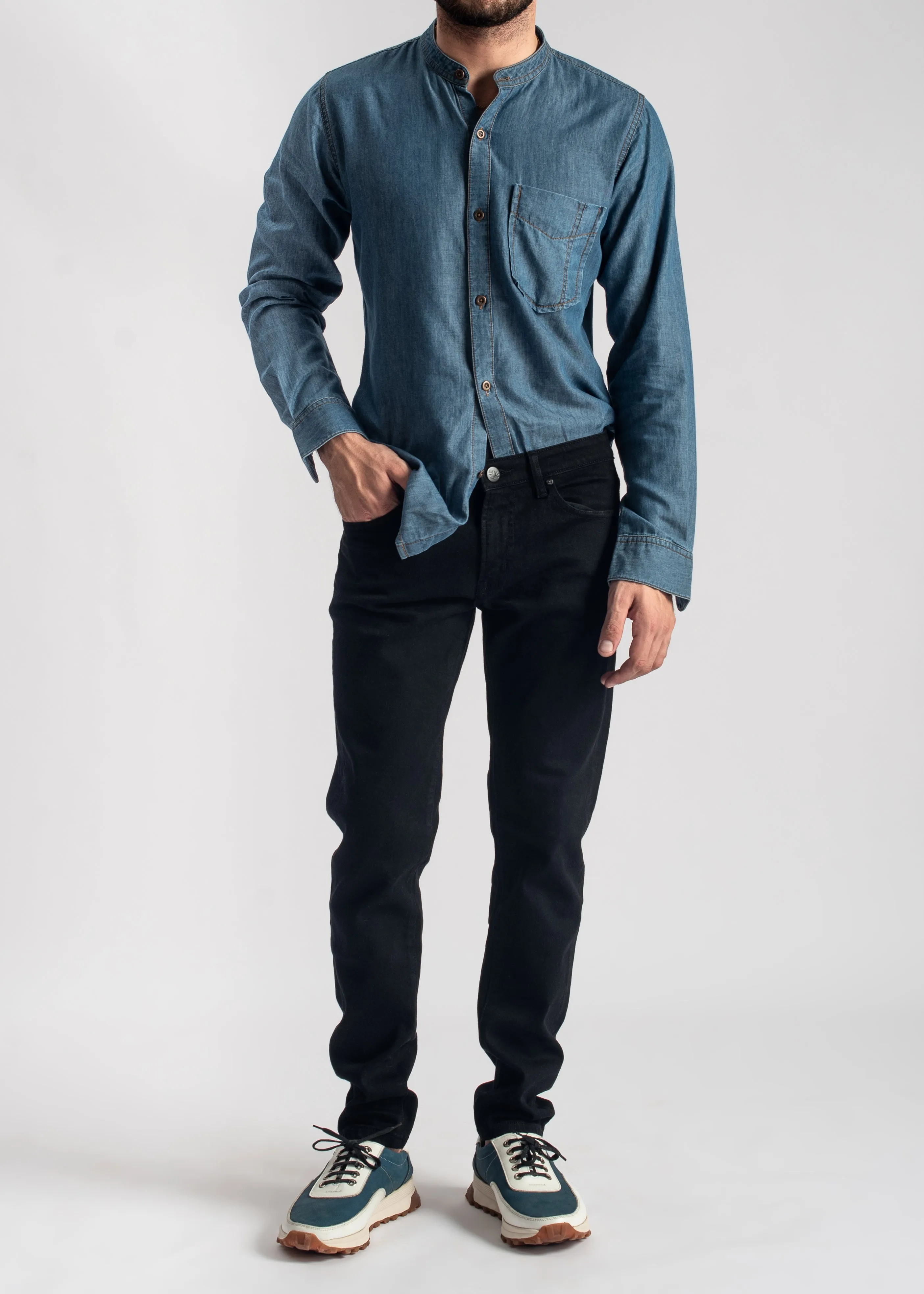 Blue Denim Shirt-Kurta Collar