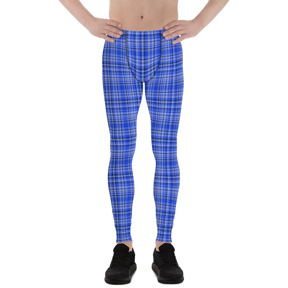 Blue Plaid Print Men's Leggings, Premium Tartan Meggings Run Tights-Made in USA/EU