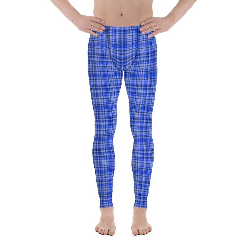 Blue Plaid Print Men's Leggings, Premium Tartan Meggings Run Tights-Made in USA/EU