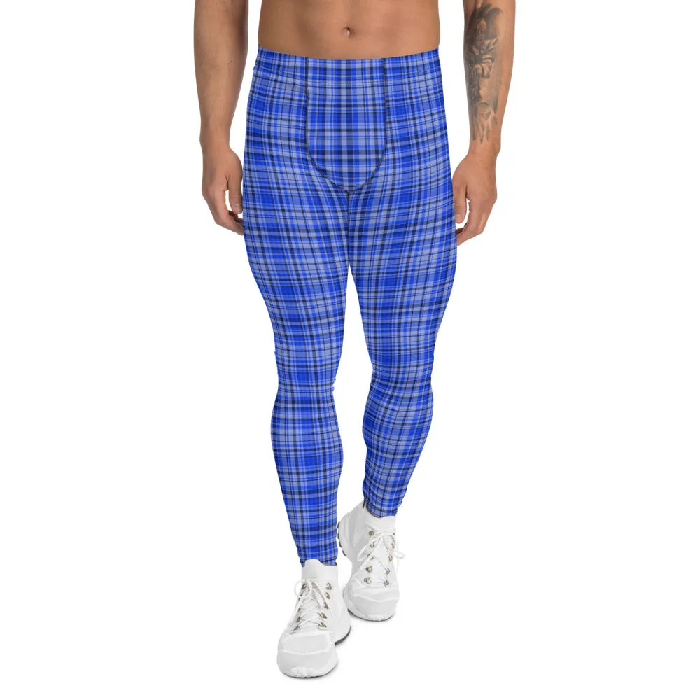 Blue Plaid Print Men's Leggings, Premium Tartan Meggings Run Tights-Made in USA/EU