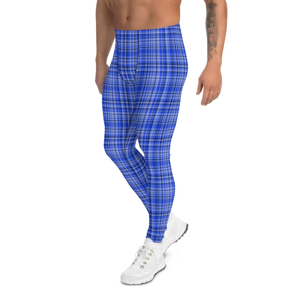 Blue Plaid Print Men's Leggings, Premium Tartan Meggings Run Tights-Made in USA/EU