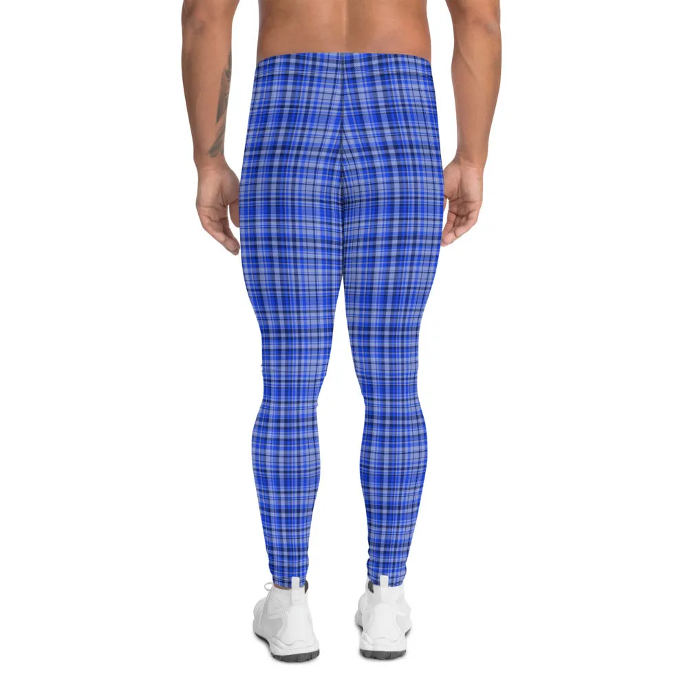 Blue Plaid Print Men's Leggings, Premium Tartan Meggings Run Tights-Made in USA/EU