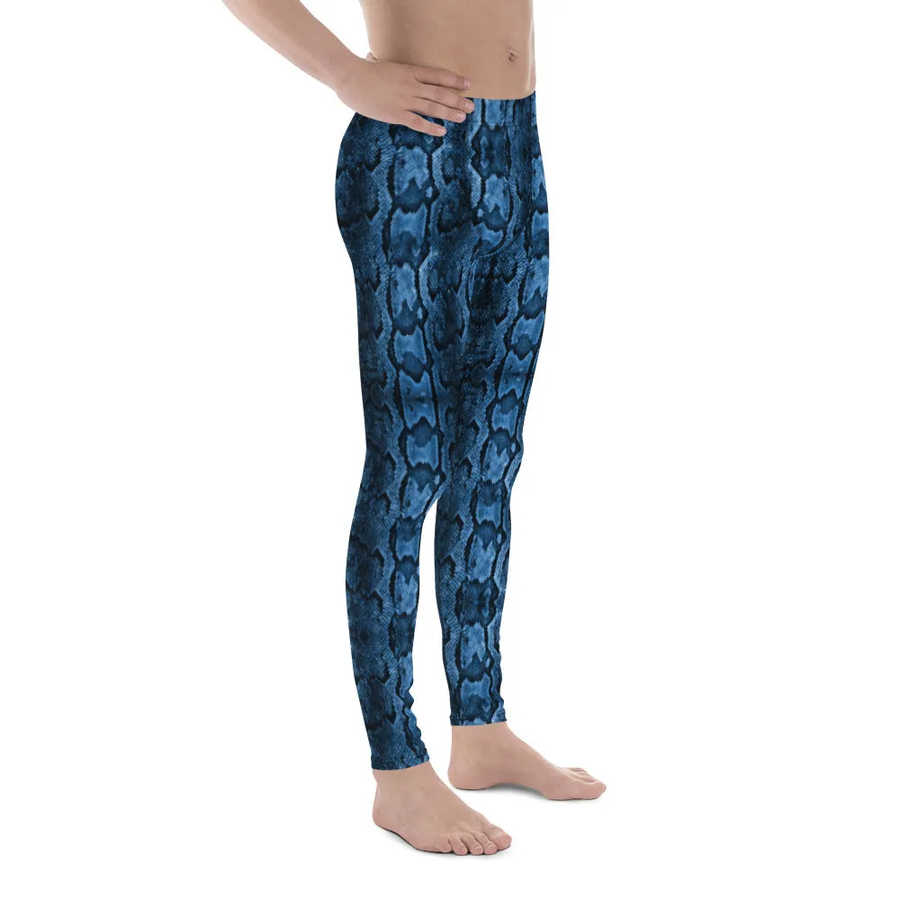 Blue Snake Print Men's Tights, Snake Skin Python Style Meggings Tights For Men - Made in USA/EU