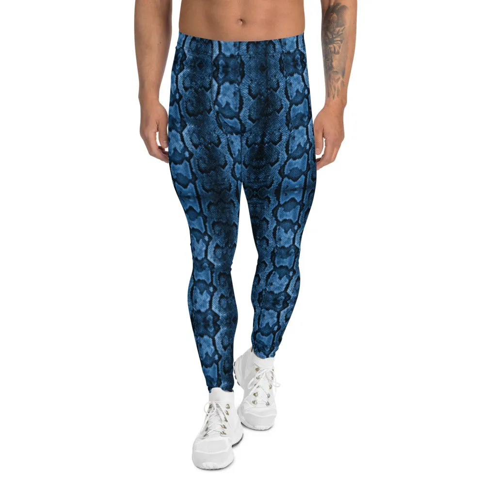 Blue Snake Print Men's Tights, Snake Skin Python Style Meggings Tights For Men - Made in USA/EU