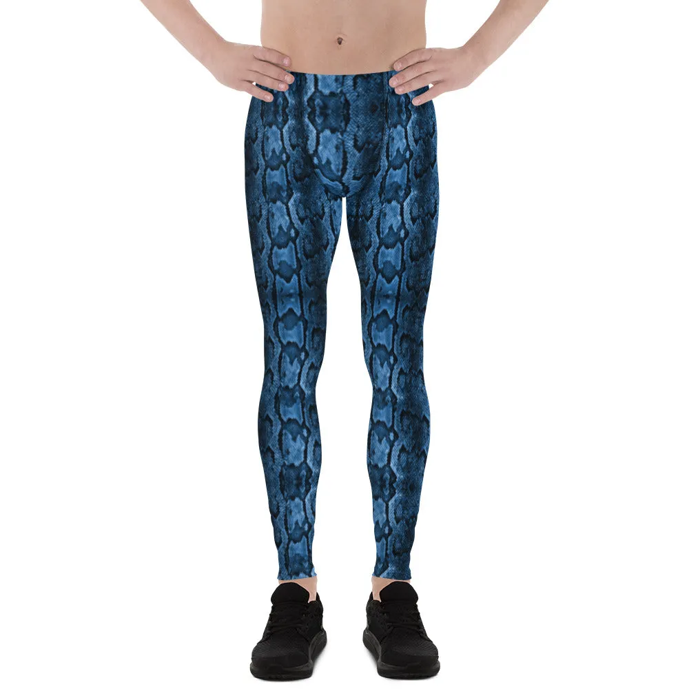 Blue Snake Print Men's Tights, Snake Skin Python Style Meggings Tights For Men - Made in USA/EU