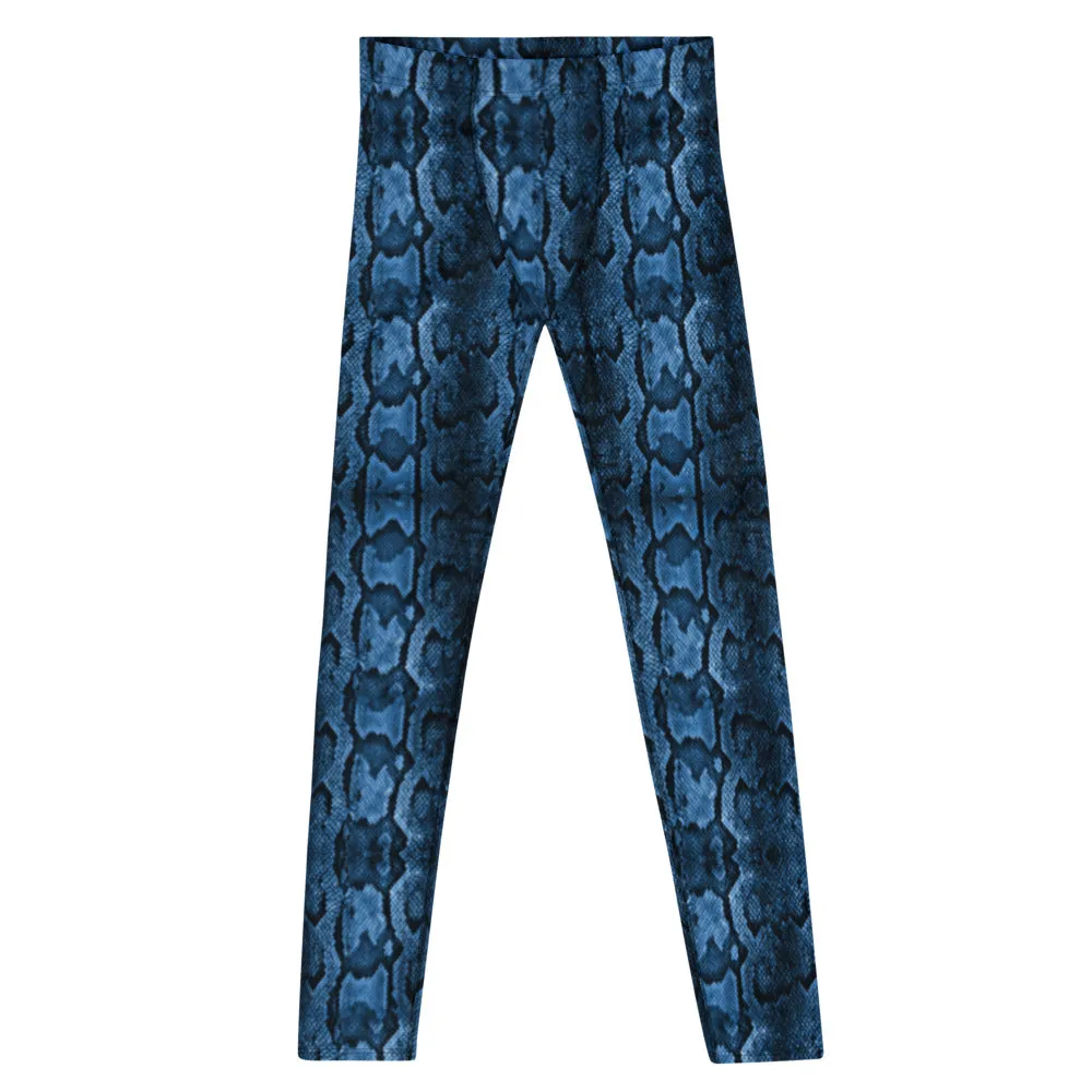 Blue Snake Print Men's Tights, Snake Skin Python Style Meggings Tights For Men - Made in USA/EU