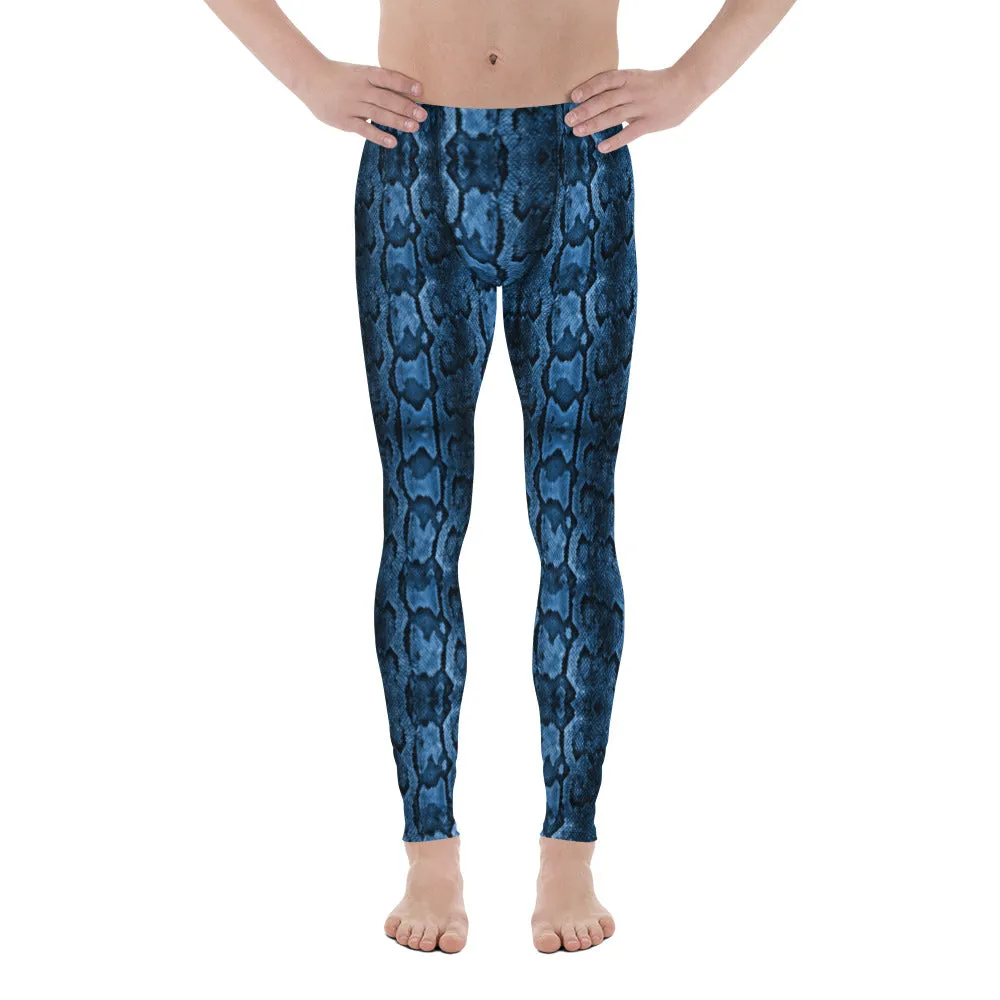 Blue Snake Print Men's Tights, Snake Skin Python Style Meggings Tights For Men - Made in USA/EU