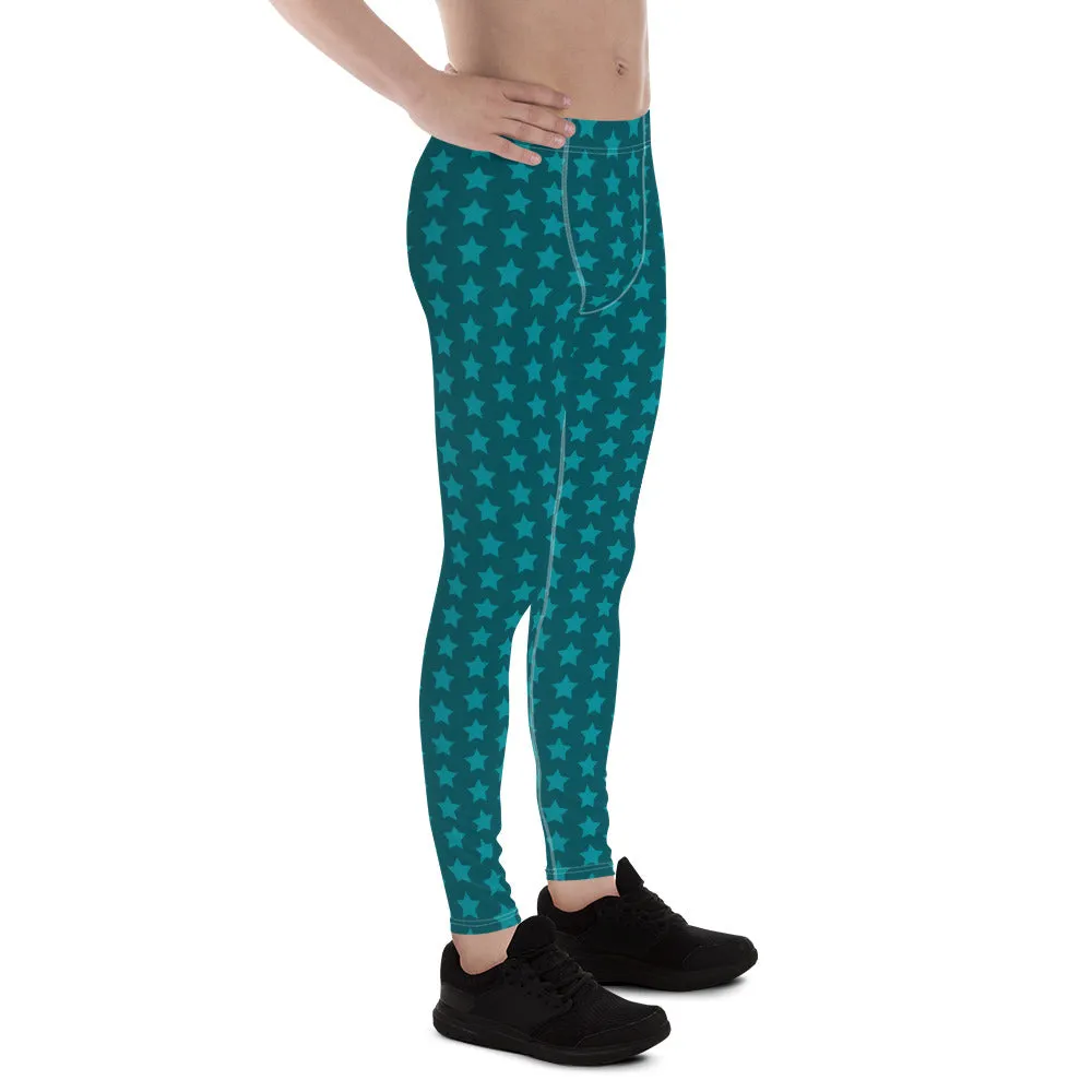 Blue Stars Men's Leggings, Stars Pattern Running Compression Tights For Men - Made in USA/EU/MX