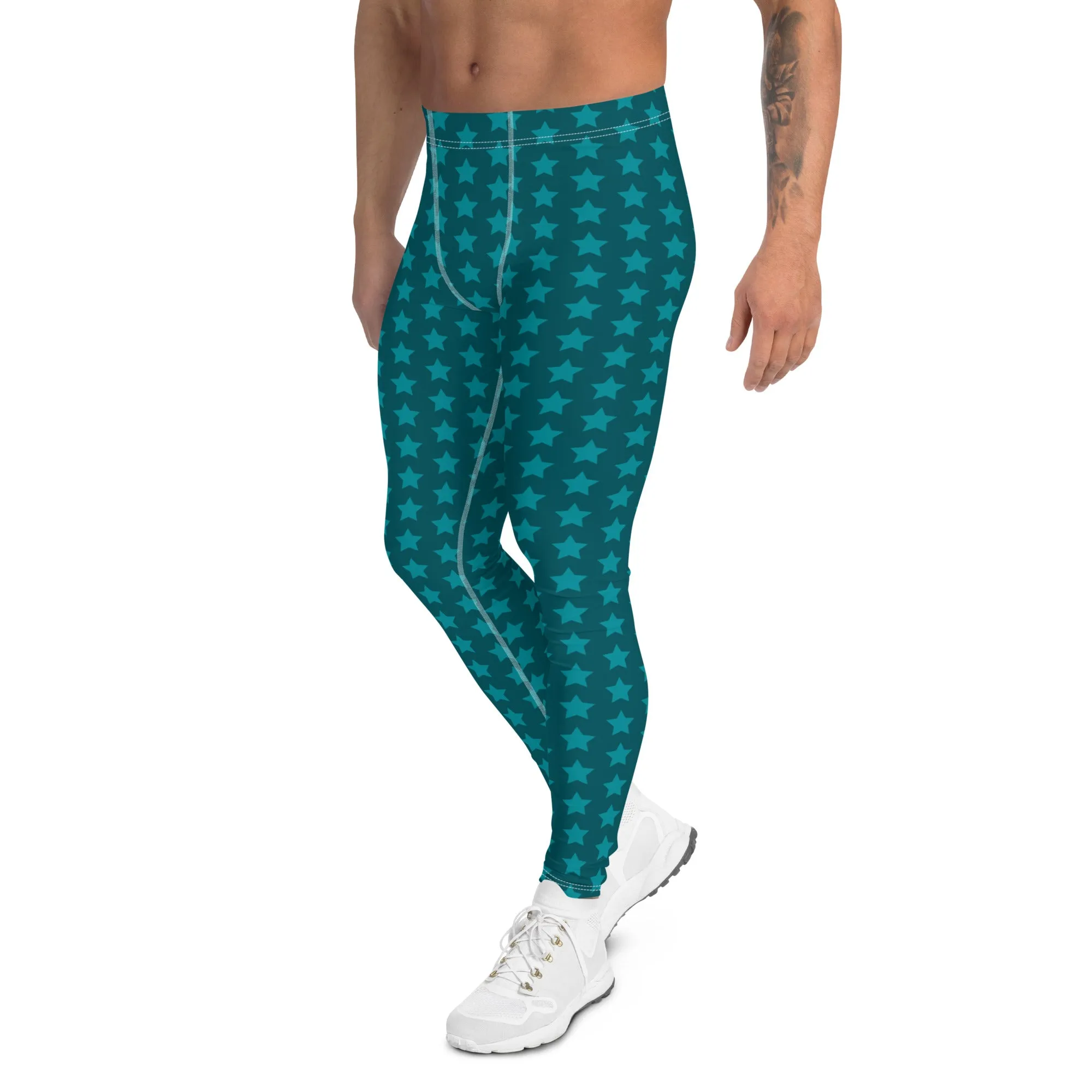 Blue Stars Men's Leggings, Stars Pattern Running Compression Tights For Men - Made in USA/EU/MX