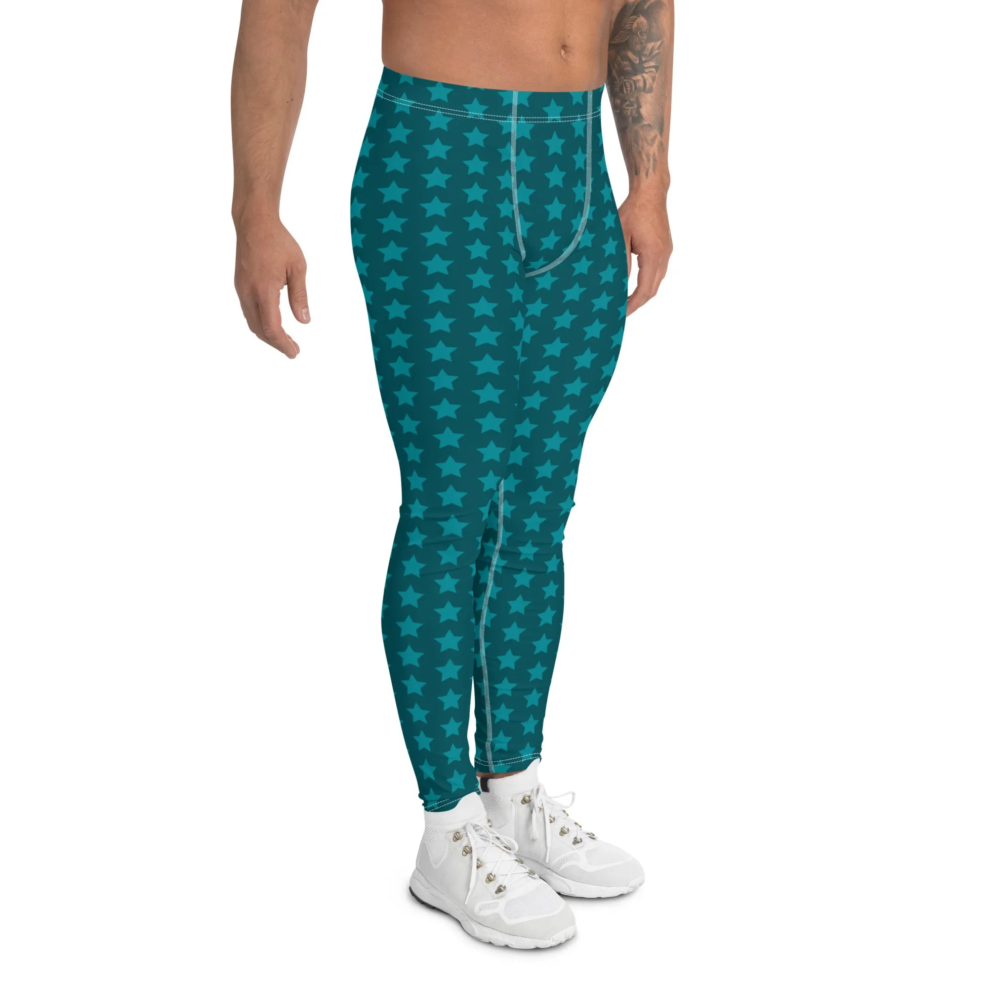 Blue Stars Men's Leggings, Stars Pattern Running Compression Tights For Men - Made in USA/EU/MX