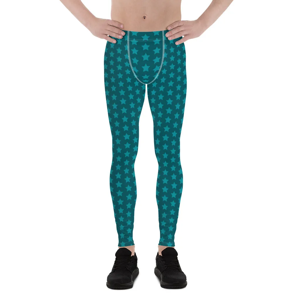 Blue Stars Men's Leggings, Stars Pattern Running Compression Tights For Men - Made in USA/EU/MX