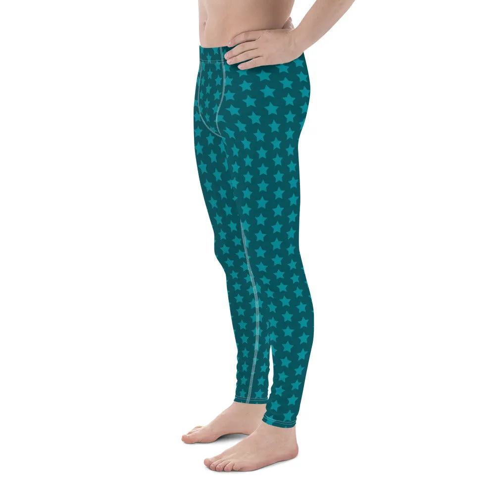 Blue Stars Men's Leggings, Stars Pattern Running Compression Tights For Men - Made in USA/EU/MX